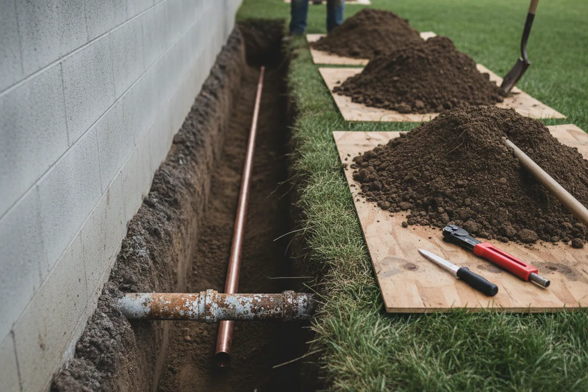 Excavated water line trench during Sewer Line Repair in Ellisburg